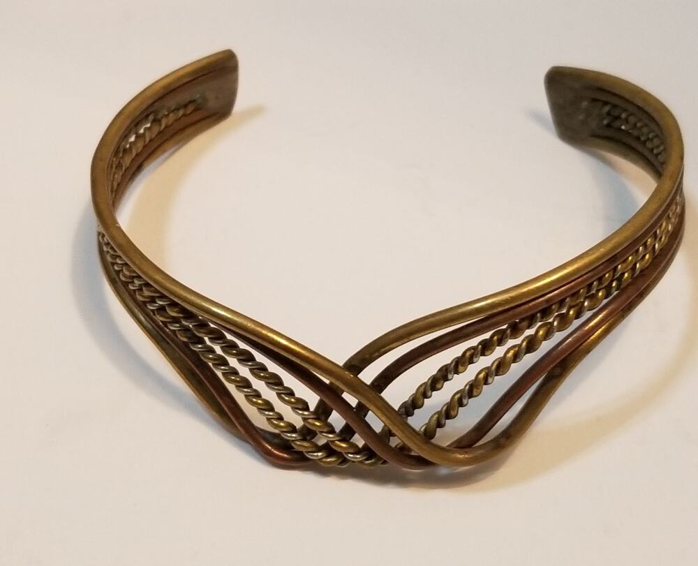 Vint. mid century tricolor metal cuff 2 1/2" bracelet brass copper silver color